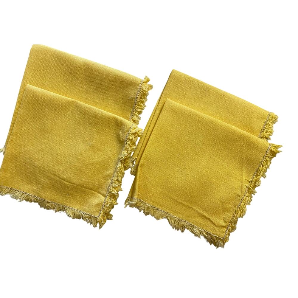 Set of 4 Yellow Fringed Cocktail Napkins - 10.75" Square Cotton Blend
